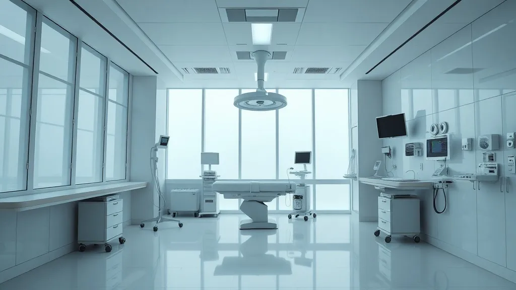 A minimalist, high-tech luxury hospital suite with large win